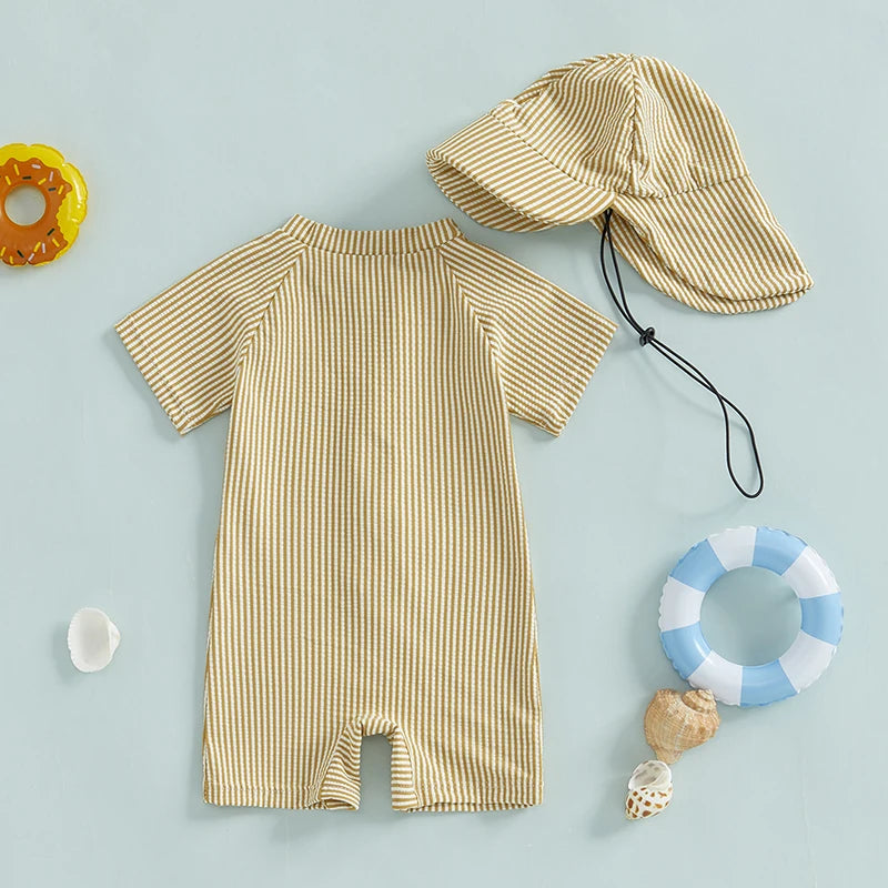 Summer Toddler Kids Baby Boy Swimsuits Striped Print Zipper O-neck Short Sleeve Jumpsuits Rash Guard Swimwear Hats Bathing Suits
