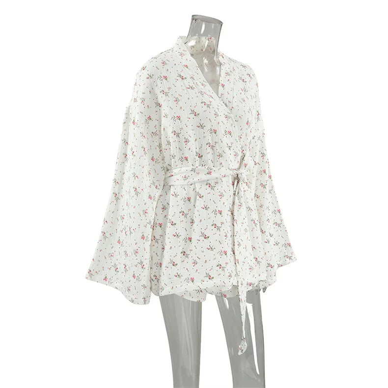 Women's Pajamas With Belt Casual Long-sleeved Shorts Pants Sleepwear Pyjama Nightwear Home Wear