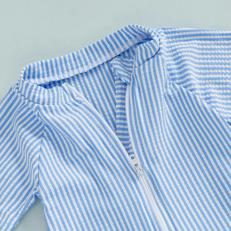 Summer Toddler Kids Baby Boy Swimsuits Striped Print Zipper O-neck Short Sleeve Jumpsuits Rash Guard Swimwear Hats Bathing Suits