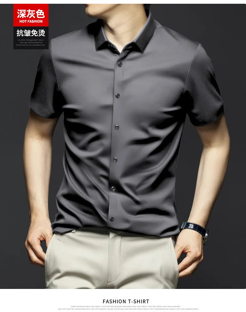 Colorful shirt, short sleeved, summer ice silk, ice feeling, wrinkle resistant inch shirt, resistant shirt