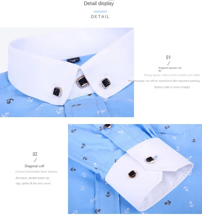 New Men's Printed Long Sleeve Shirt Youth Plaid Versatile Shirt Casual Fashion Floral Inch Shirt Iron-free Process