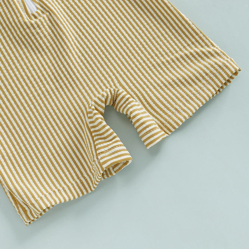 Summer Toddler Kids Baby Boy Swimsuits Striped Print Zipper O-neck Short Sleeve Jumpsuits Rash Guard Swimwear Hats Bathing Suits