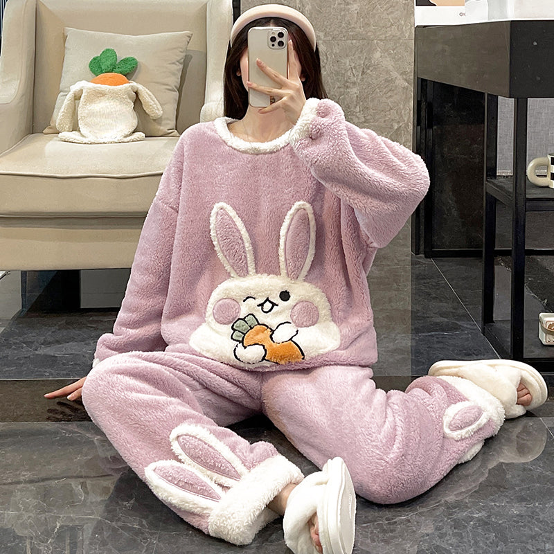 Pajamas Set Women Cute Bunny Coral Fleece Warm Sleepwear Home Clothes Girls Kawaii Cartoon Pijama 2 Piece