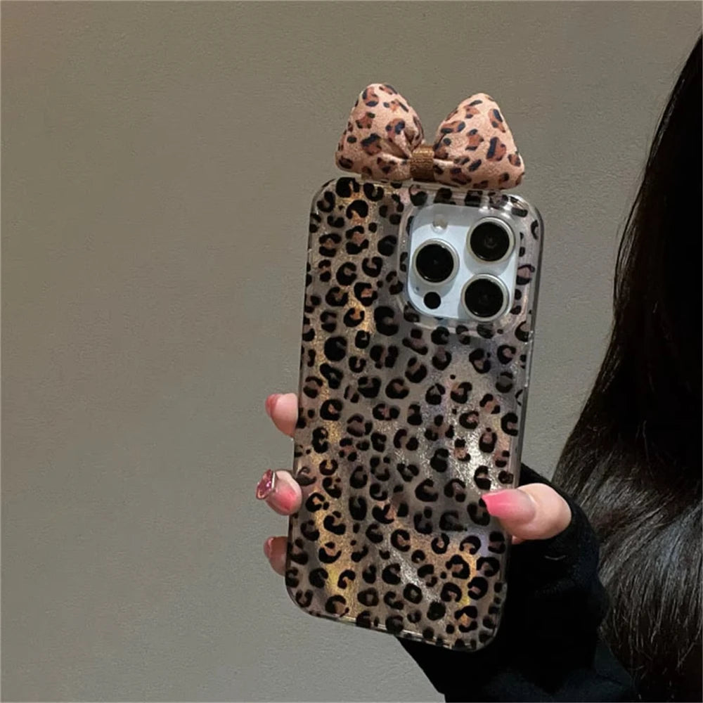 Korean Stylish Leopard Print Laser Phone Case For Iphone 16 15 14 11 13 12 Pro Max 14 Plus Luxury Rhinestone Bowknot Soft Cover
