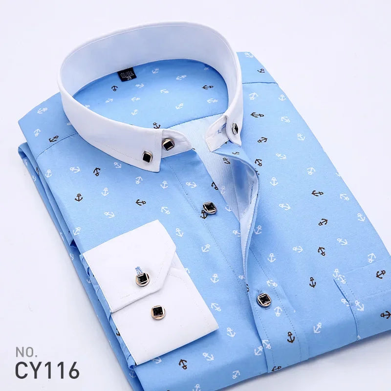 New Men's Printed Long Sleeve Shirt Youth Plaid Versatile Shirt Casual Fashion Floral Inch Shirt Iron-free Process