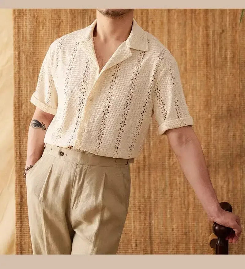 Summer Thin Jacket Short-sleeved Shirt  Mature Hollow Versatile Vacation Cuban Collar Casual Shirt Men