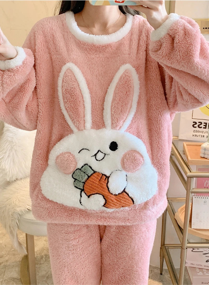 Pajamas Set Women Cute Bunny Coral Fleece Warm Sleepwear Home Clothes Girls Kawaii Cartoon Pijama 2 Piece