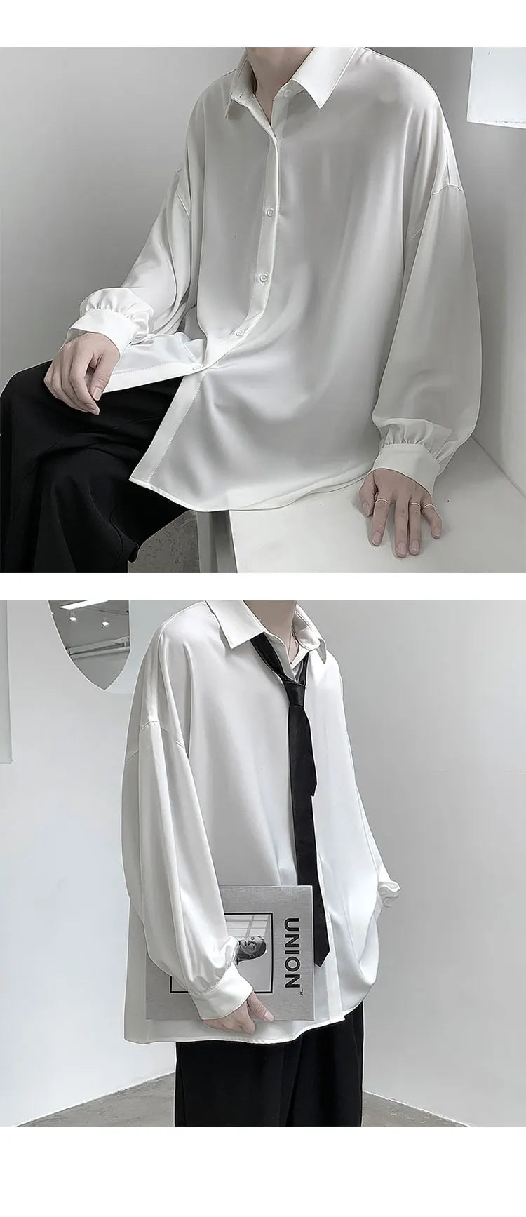 Free Black Tie Long-sleeved Shirts Men Korean Comfortable Blouses Casual Loose Single Breasted Shirt Mens Tshirt