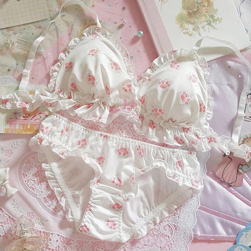 Underwear Set Women Kawaii Japanese Bra & Panties Set Wirefree Soft Underwear Sleep Intimates