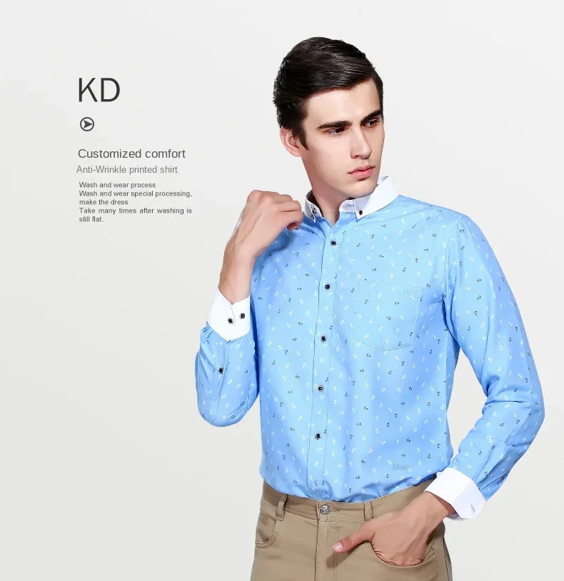 New Men's Printed Long Sleeve Shirt Youth Plaid Versatile Shirt Casual Fashion Floral Inch Shirt Iron-free Process