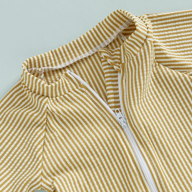Summer Toddler Kids Baby Boy Swimsuits Striped Print Zipper O-neck Short Sleeve Jumpsuits Rash Guard Swimwear Hats Bathing Suits