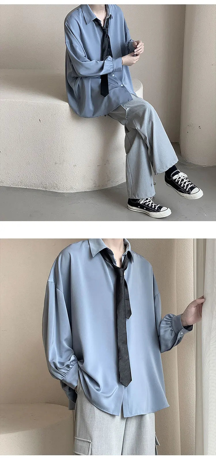 Free Black Tie Long-sleeved Shirts Men Korean Comfortable Blouses Casual Loose Single Breasted Shirt Mens Tshirt