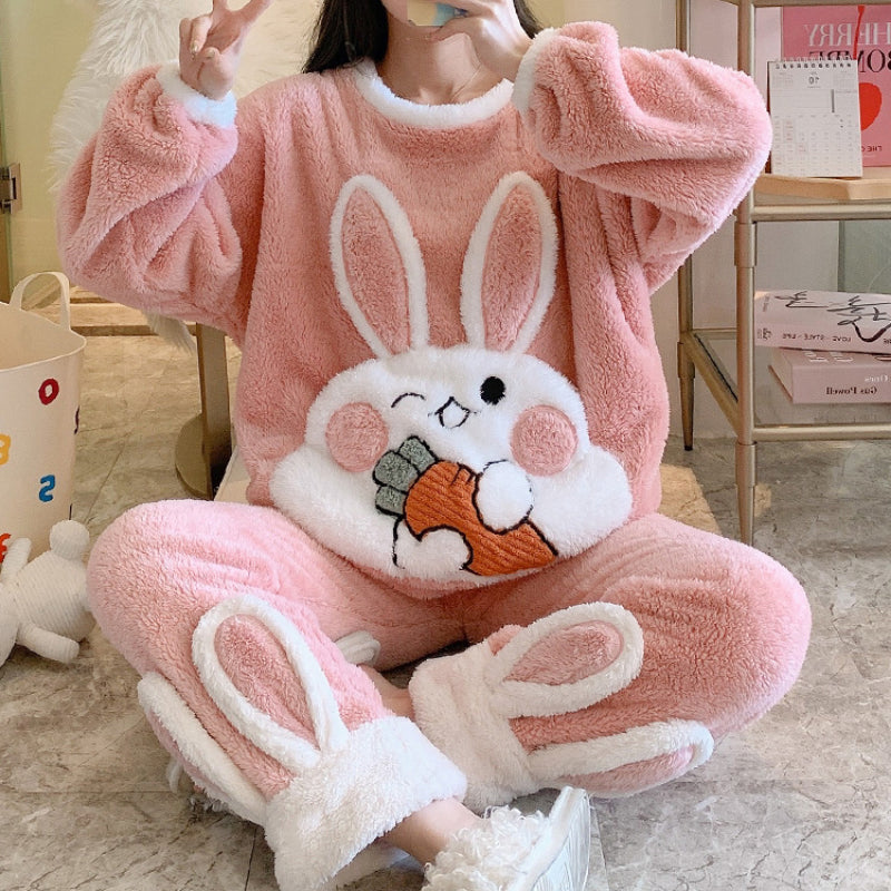 Pajamas Set Women Cute Bunny Coral Fleece Warm Sleepwear Home Clothes Girls Kawaii Cartoon Pijama 2 Piece