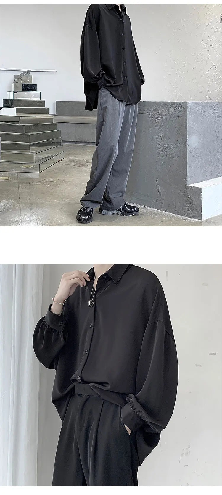 Free Black Tie Long-sleeved Shirts Men Korean Comfortable Blouses Casual Loose Single Breasted Shirt Mens Tshirt