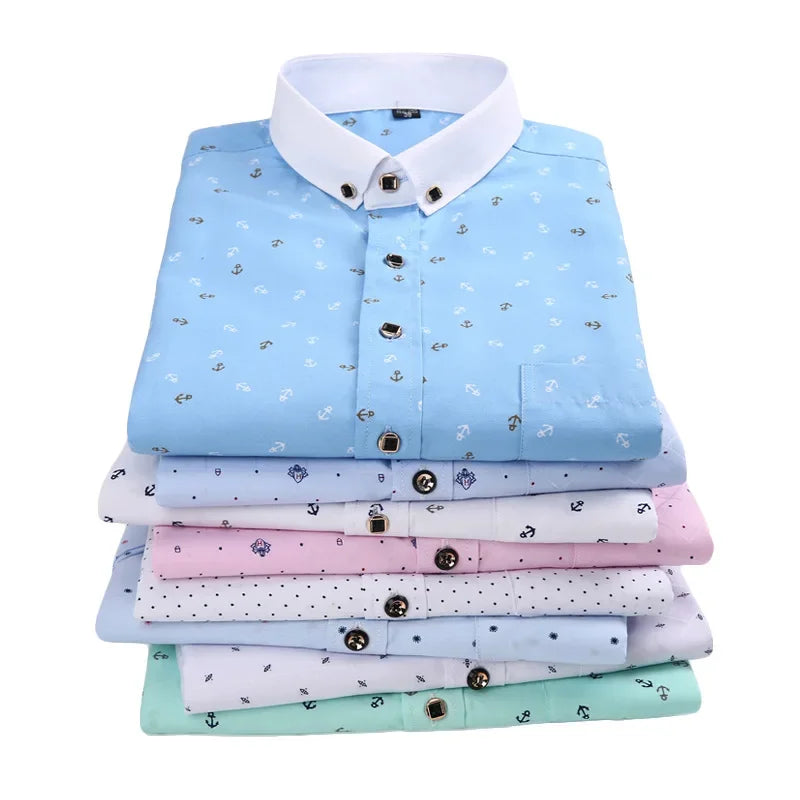 New Men's Printed Long Sleeve Shirt Youth Plaid Versatile Shirt Casual Fashion Floral Inch Shirt Iron-free Process