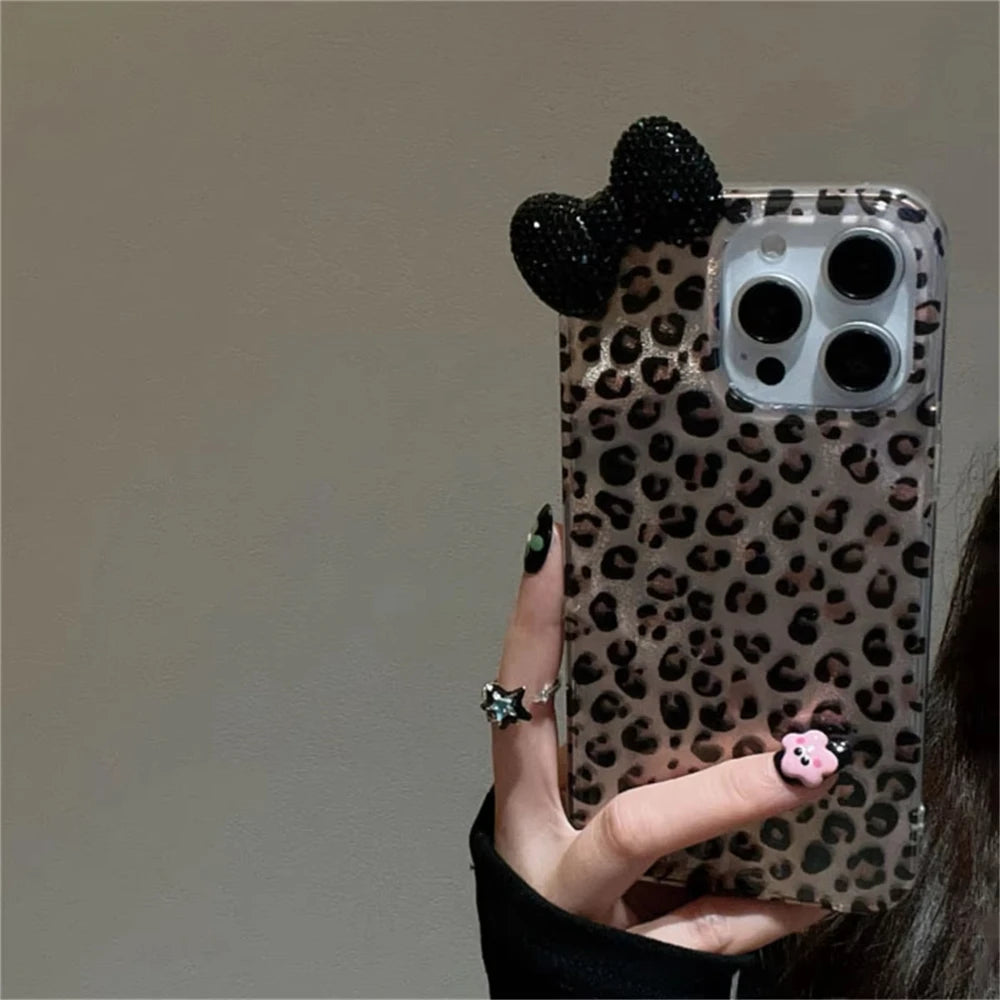 Korean Stylish Leopard Print Laser Phone Case For Iphone 16 15 14 11 13 12 Pro Max 14 Plus Luxury Rhinestone Bowknot Soft Cover