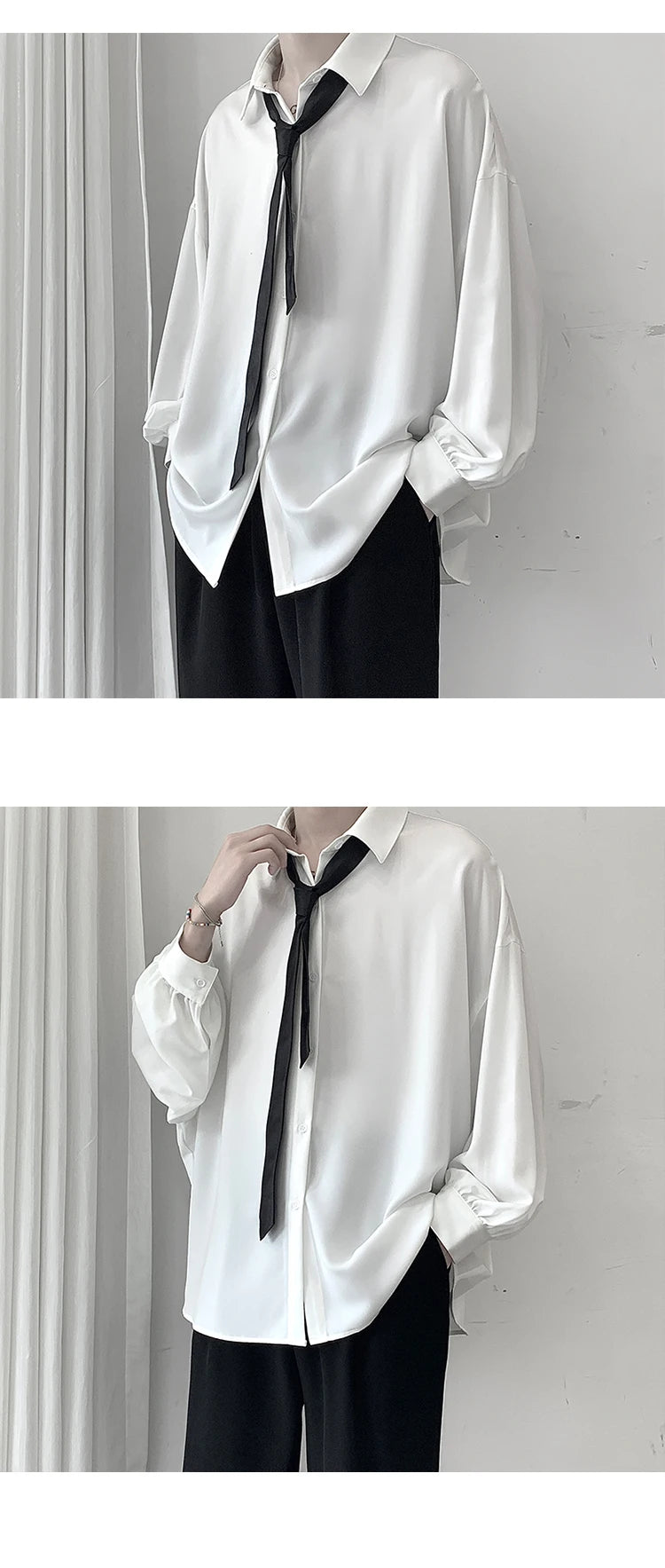 Free Black Tie Long-sleeved Shirts Men Korean Comfortable Blouses Casual Loose Single Breasted Shirt Mens Tshirt