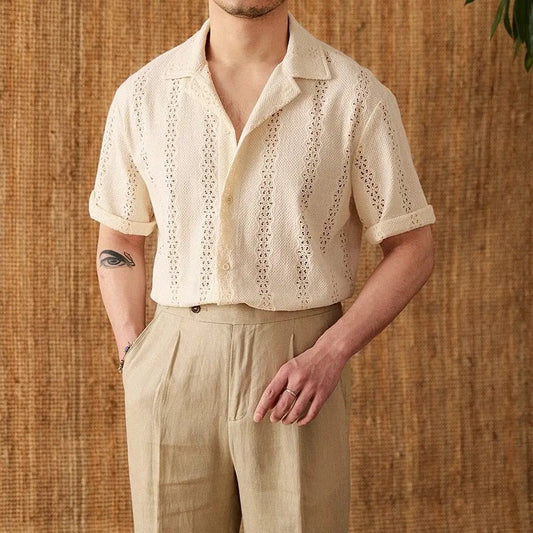 Summer Thin Jacket Short-sleeved Shirt  Mature Hollow Versatile Vacation Cuban Collar Casual Shirt Men