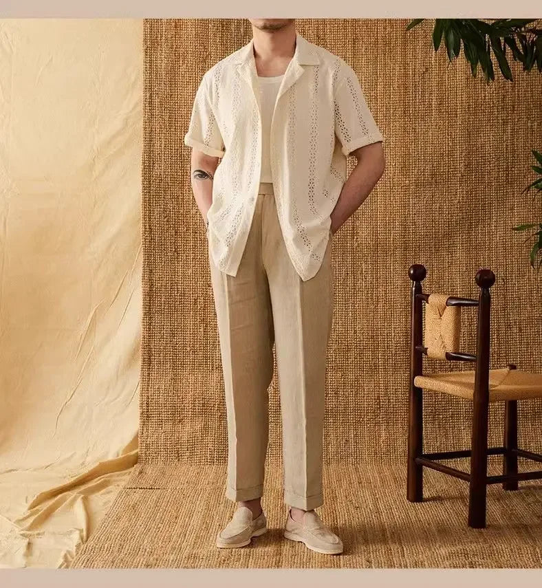 Summer Thin Jacket Short-sleeved Shirt  Mature Hollow Versatile Vacation Cuban Collar Casual Shirt Men