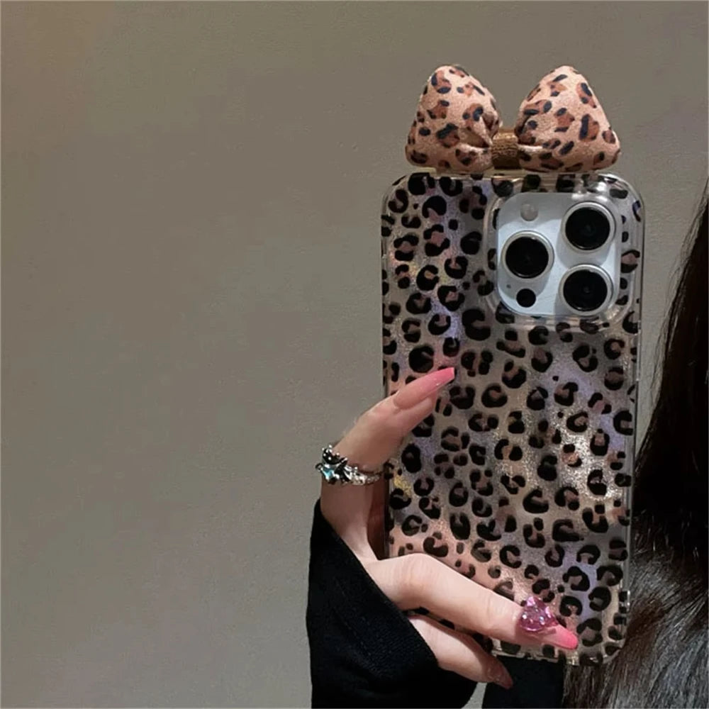 Korean Stylish Leopard Print Laser Phone Case For Iphone 16 15 14 11 13 12 Pro Max 14 Plus Luxury Rhinestone Bowknot Soft Cover