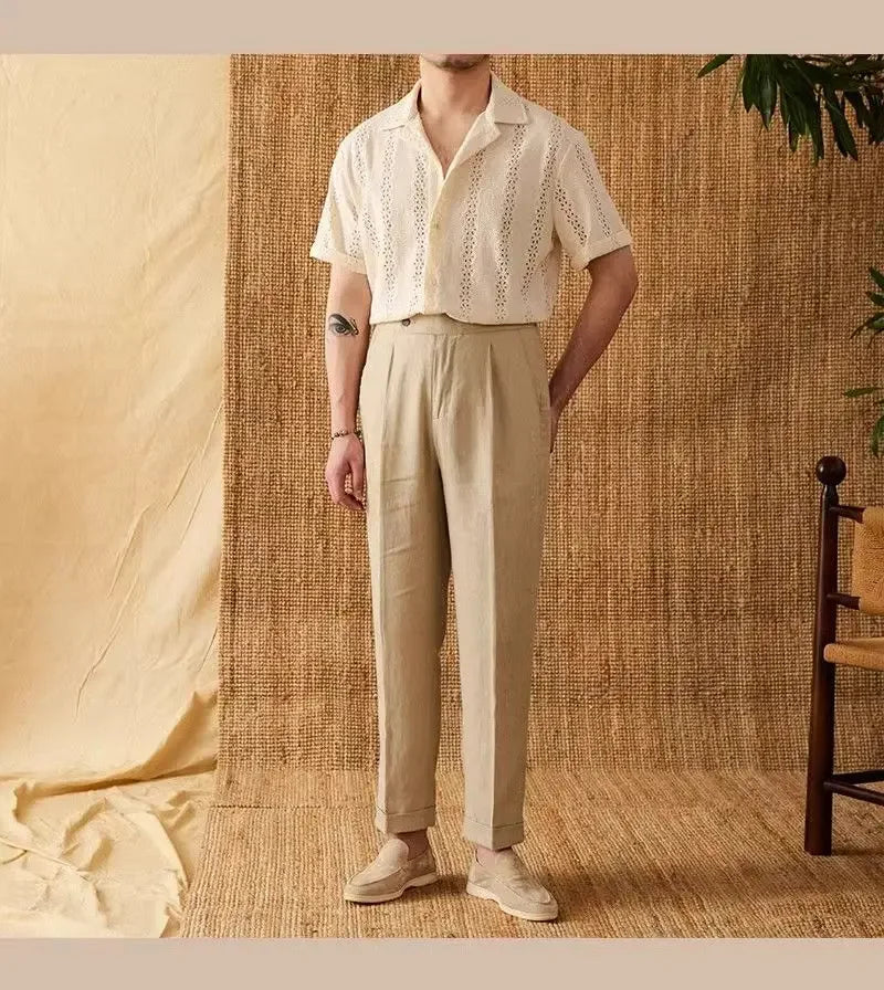 Summer Thin Jacket Short-sleeved Shirt  Mature Hollow Versatile Vacation Cuban Collar Casual Shirt Men