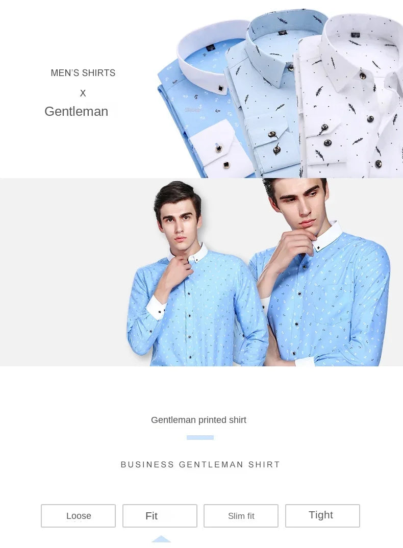 New Men's Printed Long Sleeve Shirt Youth Plaid Versatile Shirt Casual Fashion Floral Inch Shirt Iron-free Process