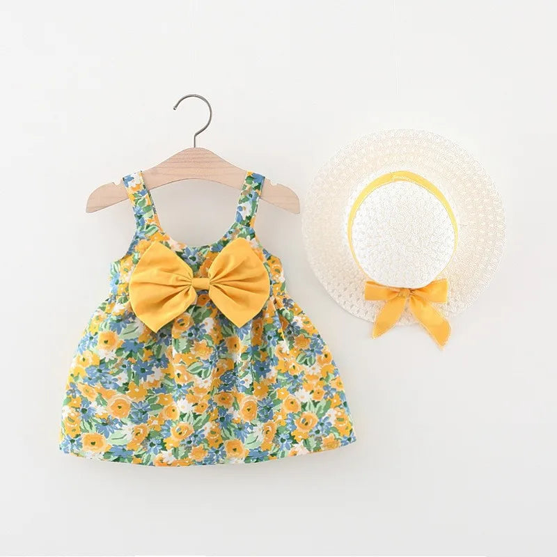 2Pcs/SetChildren's clothing girl's dress summer new Korean version suspender bow flower beach skirt with the same hat