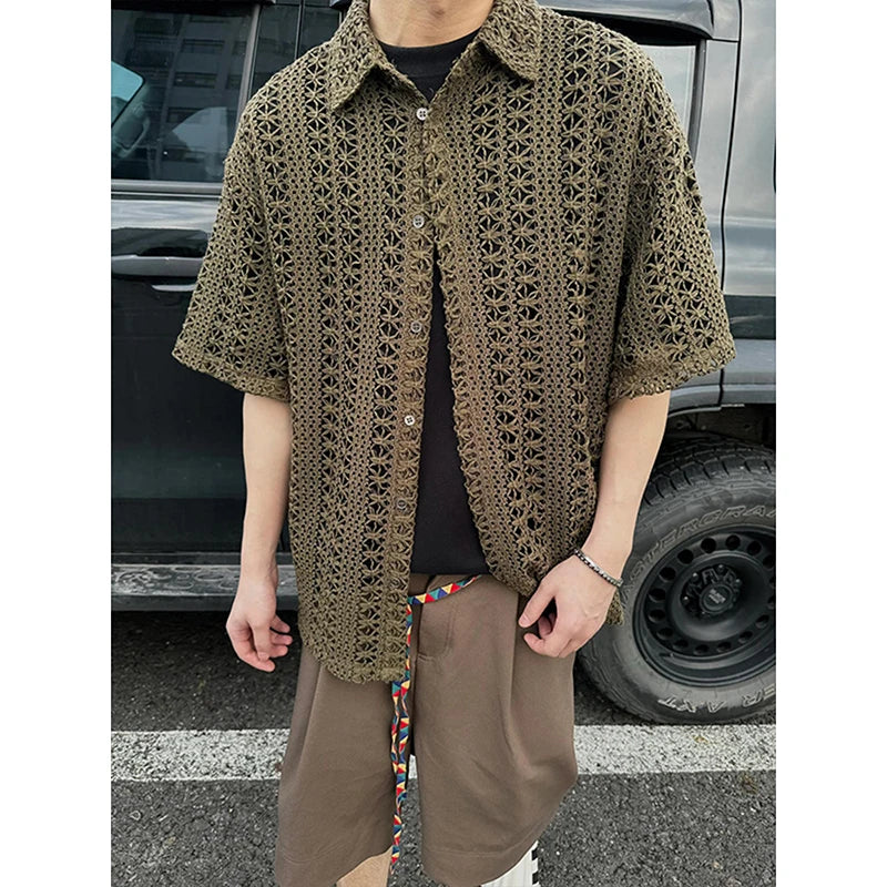Fashion Army Green Knitted Hollow out Shirt Men Streetwear Transparent Lapel Short Sleeve