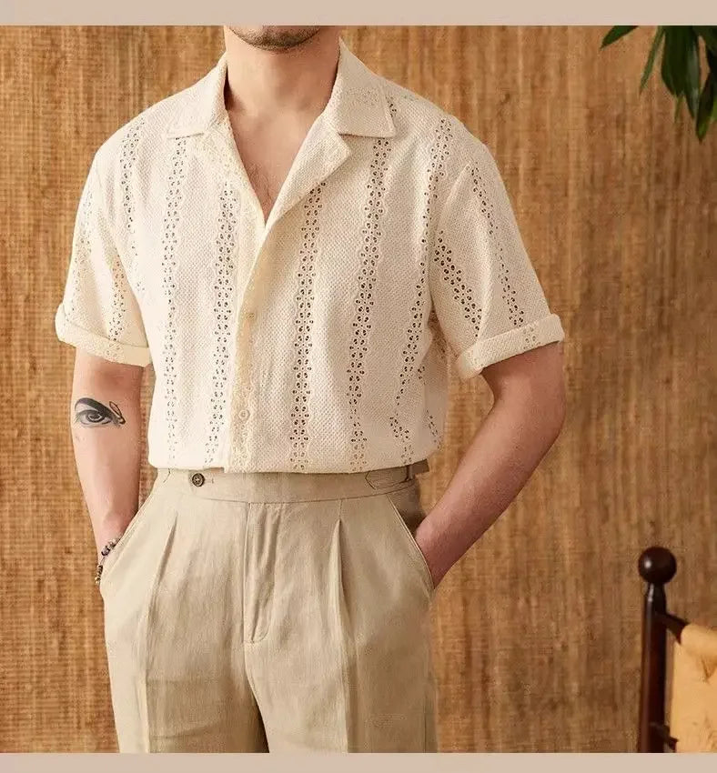 Summer Thin Jacket Short-sleeved Shirt  Mature Hollow Versatile Vacation Cuban Collar Casual Shirt Men