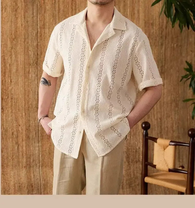 Summer Thin Jacket Short-sleeved Shirt  Mature Hollow Versatile Vacation Cuban Collar Casual Shirt Men