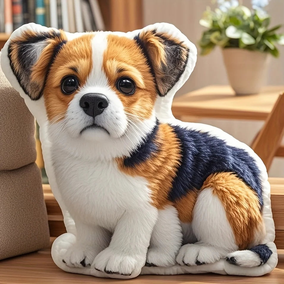 Customizable pet shaped plush pillow with personalized photos, real dog and cat seat cushions, polyester knitted fabric