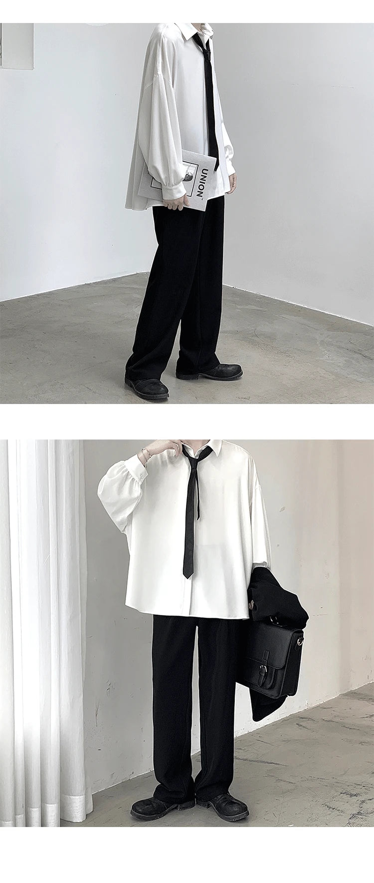 Free Black Tie Long-sleeved Shirts Men Korean Comfortable Blouses Casual Loose Single Breasted Shirt Mens Tshirt