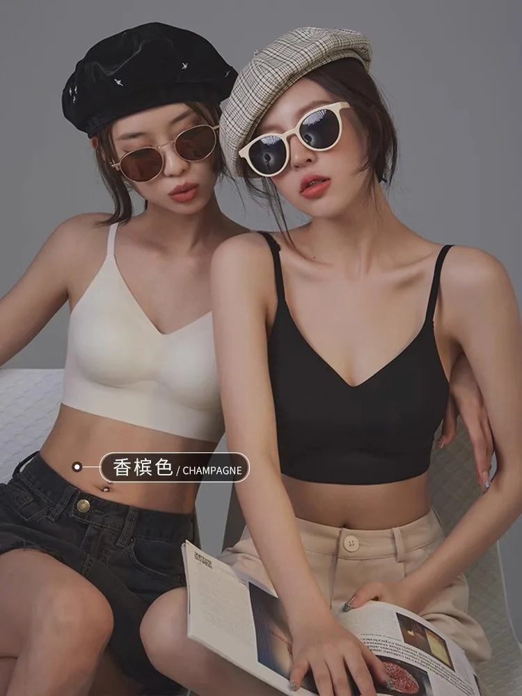 Girl's seamless backless bra with no steel ring small chest gathered on top thick chest cushion bra vest style sexy back bra