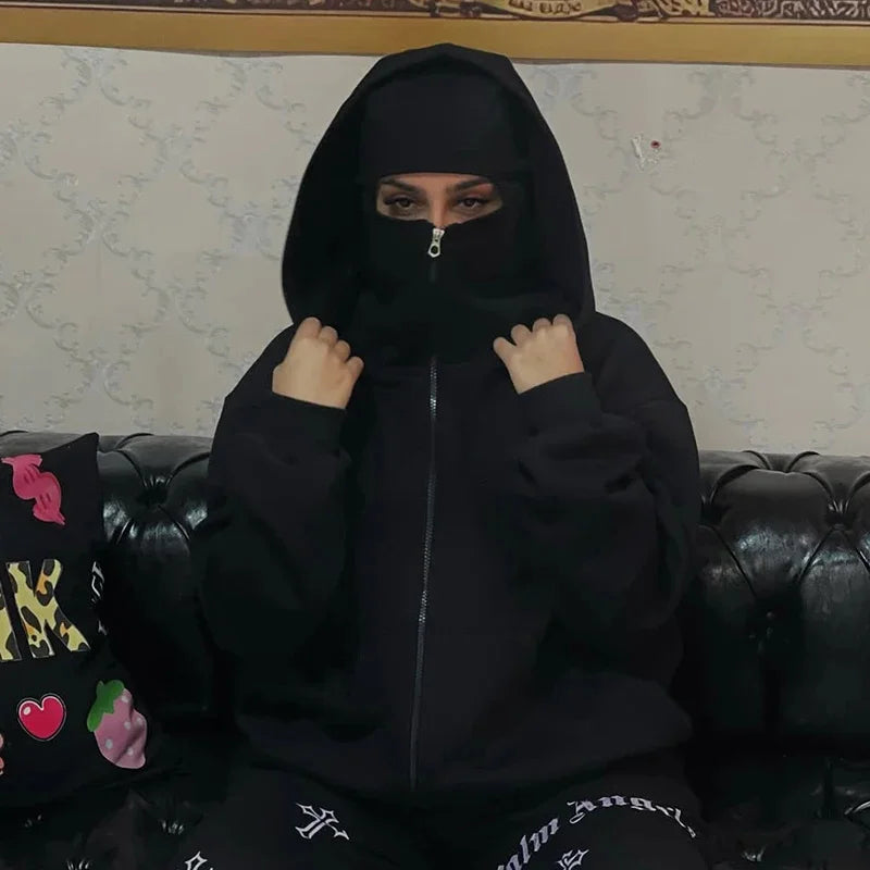 Men's and women's Balaclava Y2K Gothic Harajuku winter new item double hooded sweatshirt