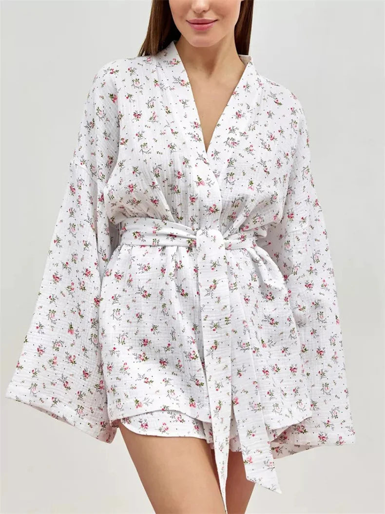 Women's Pajamas With Belt Casual Long-sleeved Shorts Pants Sleepwear Pyjama Nightwear Home Wear