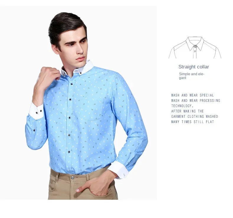 New Men's Printed Long Sleeve Shirt Youth Plaid Versatile Shirt Casual Fashion Floral Inch Shirt Iron-free Process