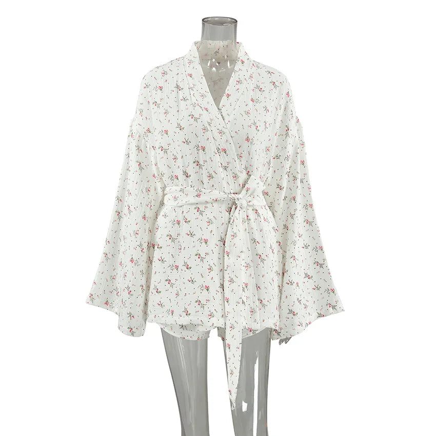 Women's Pajamas With Belt Casual Long-sleeved Shorts Pants Sleepwear Pyjama Nightwear Home Wear