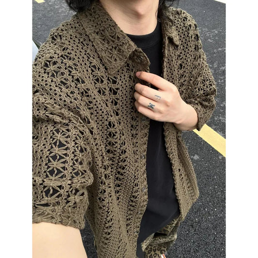 Fashion Army Green Knitted Hollow out Shirt Men Streetwear Transparent Lapel Short Sleeve