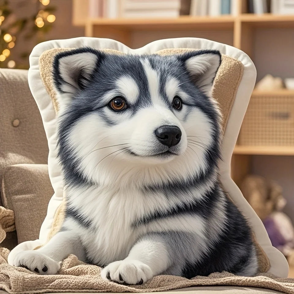 Customizable pet shaped plush pillow with personalized photos, real dog and cat seat cushions, polyester knitted fabric