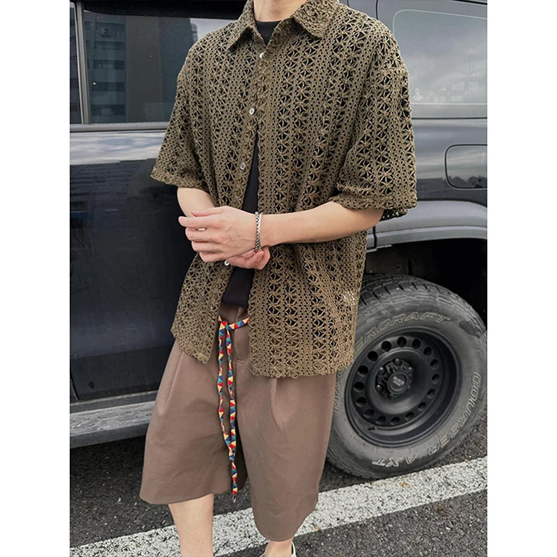 Fashion Army Green Knitted Hollow out Shirt Men Streetwear Transparent Lapel Short Sleeve
