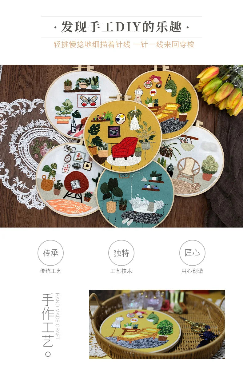DIY Embroidery Kits Beginner Handmade Needlework Crafts Set Embroidery Hoop Fancywork Sewing Needle Cross Stitch  Decor Painting